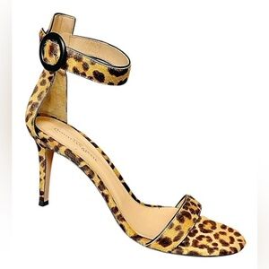 Gianvito Rossi Portofino Leopard Print Pony Hair Stiletto Heel Sandals 40.5
